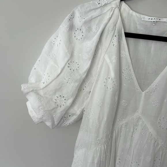 Frame Broderie Anglaise Ramie Puff Sleeve Midi Eyelet Dress in White - Picture 6 of 16